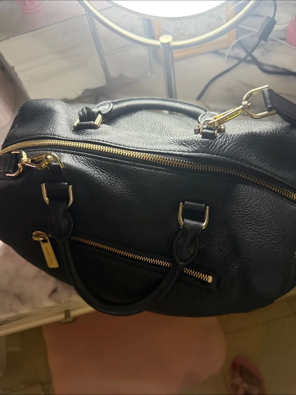 Michael Kors Black Pebbled Leather Double-Handle Satchel with Shoulder Strap
